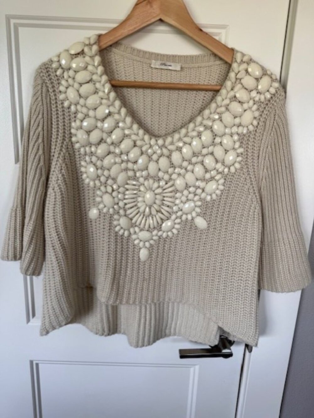 Pronto Embellished Knit Sweater | Statement Gem Neckline | Cream Beige